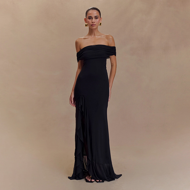 Ruffled Tulle Maxi Dress with Side Slit – Convertible Strapless & Off-the-Shoulder Summer Gown