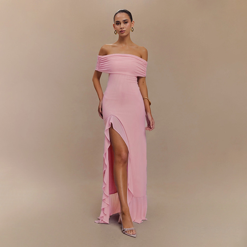 Ruffled Tulle Maxi Dress with Side Slit – Convertible Strapless & Off-the-Shoulder Summer Gown