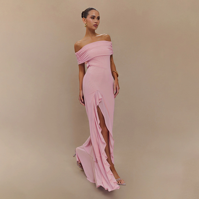 Ruffled Tulle Maxi Dress with Side Slit – Convertible Strapless & Off-the-Shoulder Summer Gown