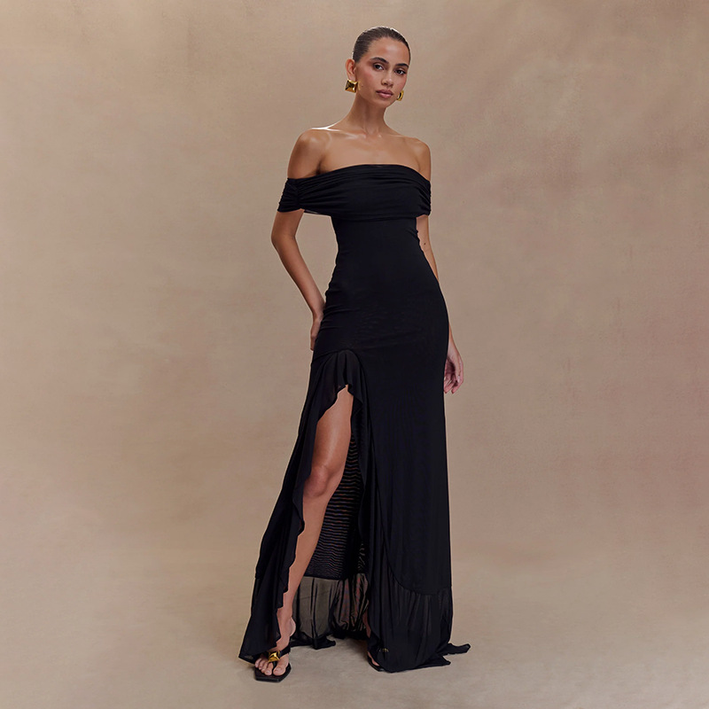 Ruffled Tulle Maxi Dress with Side Slit – Convertible Strapless & Off-the-Shoulder Summer Gown