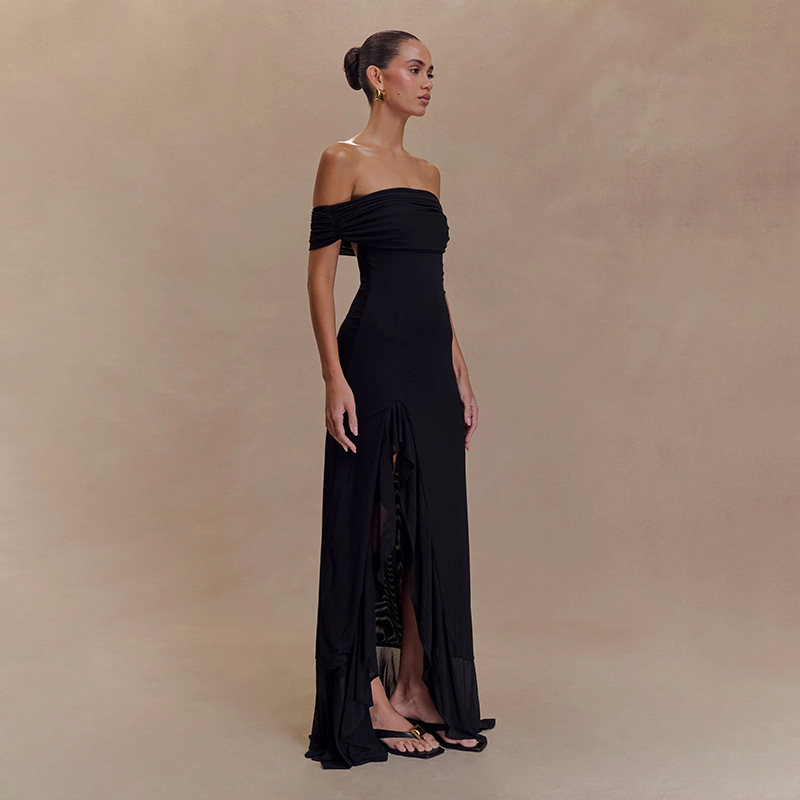 Ruffled Tulle Maxi Dress with Side Slit – Convertible Strapless & Off-the-Shoulder Summer Gown