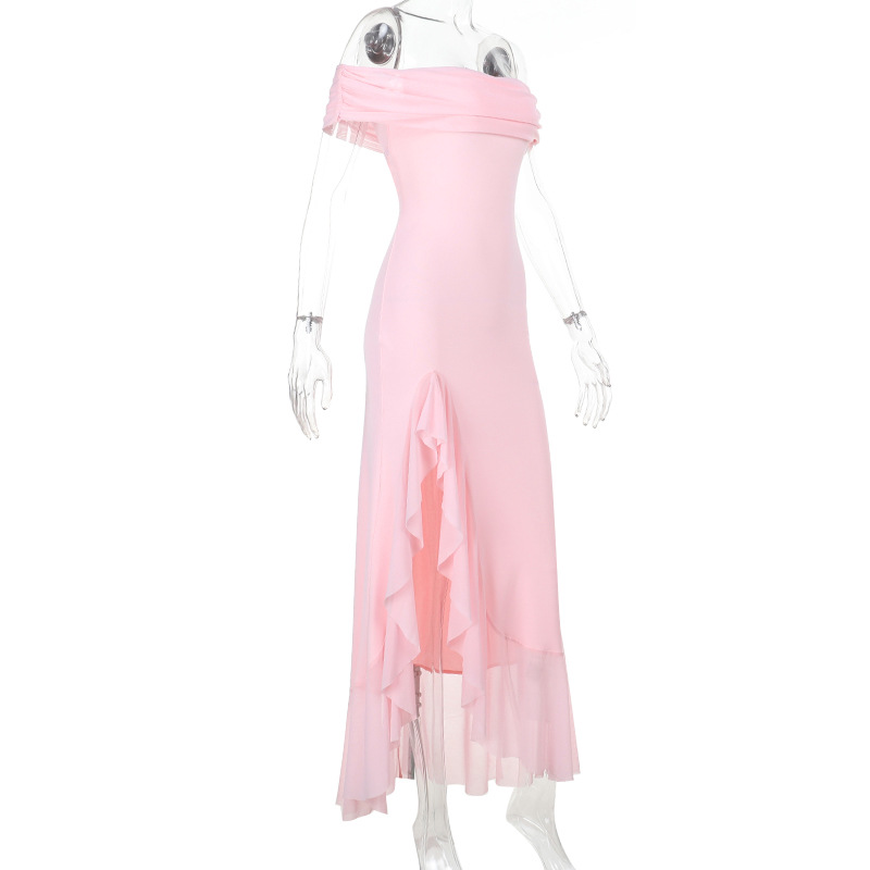 Ruffled Tulle Maxi Dress with Side Slit – Convertible Strapless & Off-the-Shoulder Summer Gown