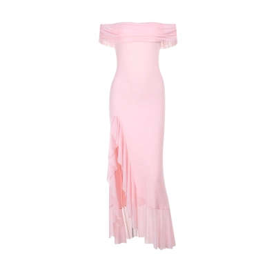 Ruffled Tulle Maxi Dress with Side Slit – Convertible Strapless & Off-the-Shoulder Summer Gown 01