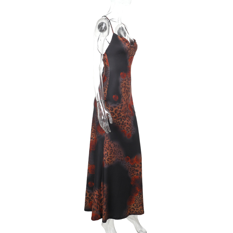 Sexy Backless with Rose Contrast Color Bustier Halter Leopard Print Maxi Dress 