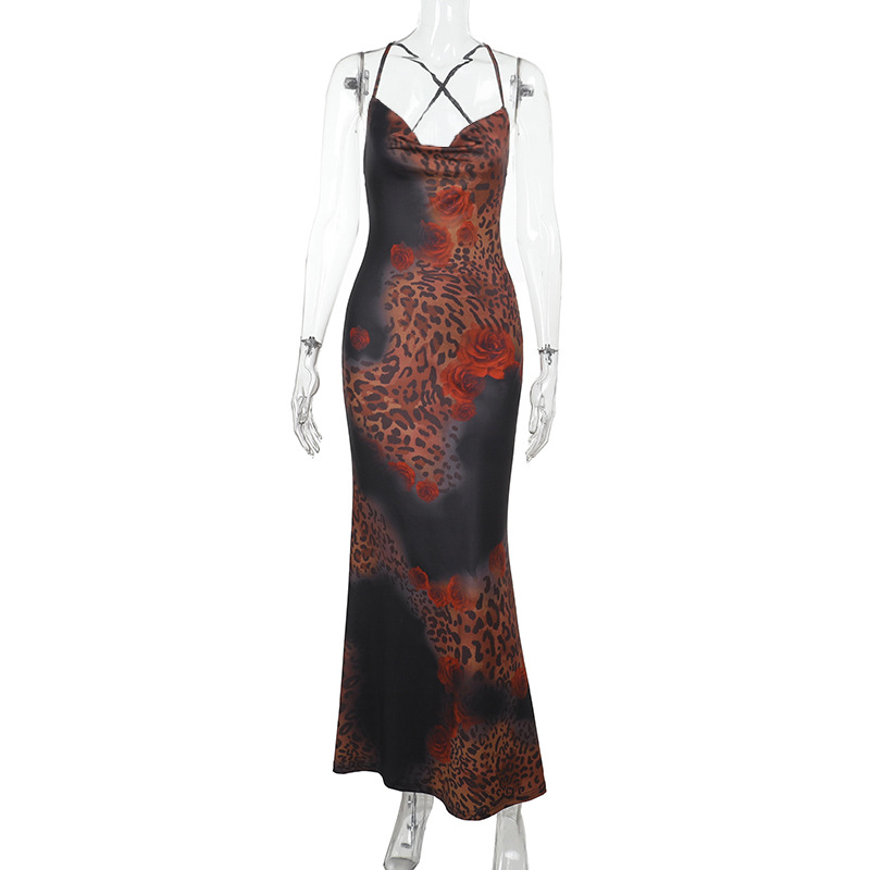 Sexy Backless with Rose Contrast Color Bustier Halter Leopard Print Maxi Dress 