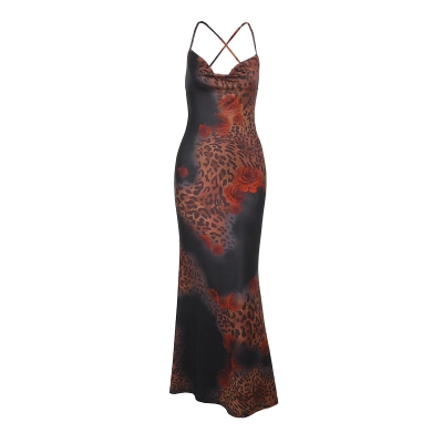 Sexy Backless with Rose Contrast Color Bustier Halter Leopard Print Maxi Dress  01