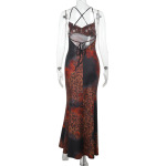 Sexy Backless with Rose Contrast Color Bustier Halter Leopard Print Maxi Dress 