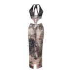 Sexy European Style Sheer Detail Gown Leopard Print Lace Panel Bodycon Dress 