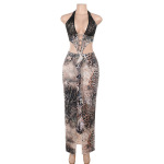 Sexy European Style Sheer Detail Gown Leopard Print Lace Panel Bodycon Dress 