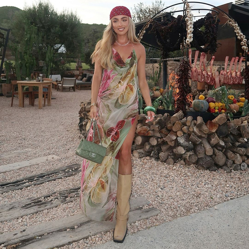 Sexy See-Through Vacation  Sheer Slit Floral Maxi Dress 