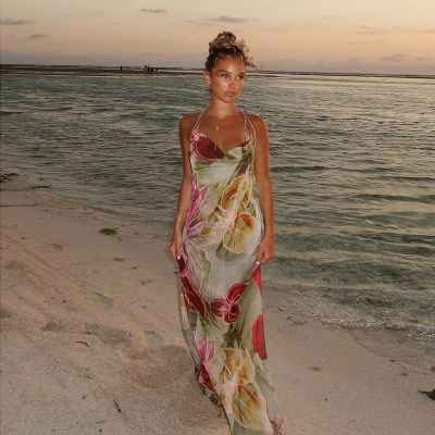 Sexy See-Through Vacation  Sheer Slit Floral Maxi Dress  02
