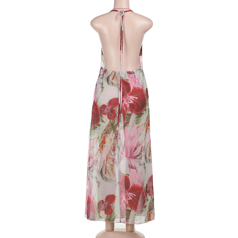 Sexy See-Through Vacation  Sheer Slit Floral Maxi Dress 