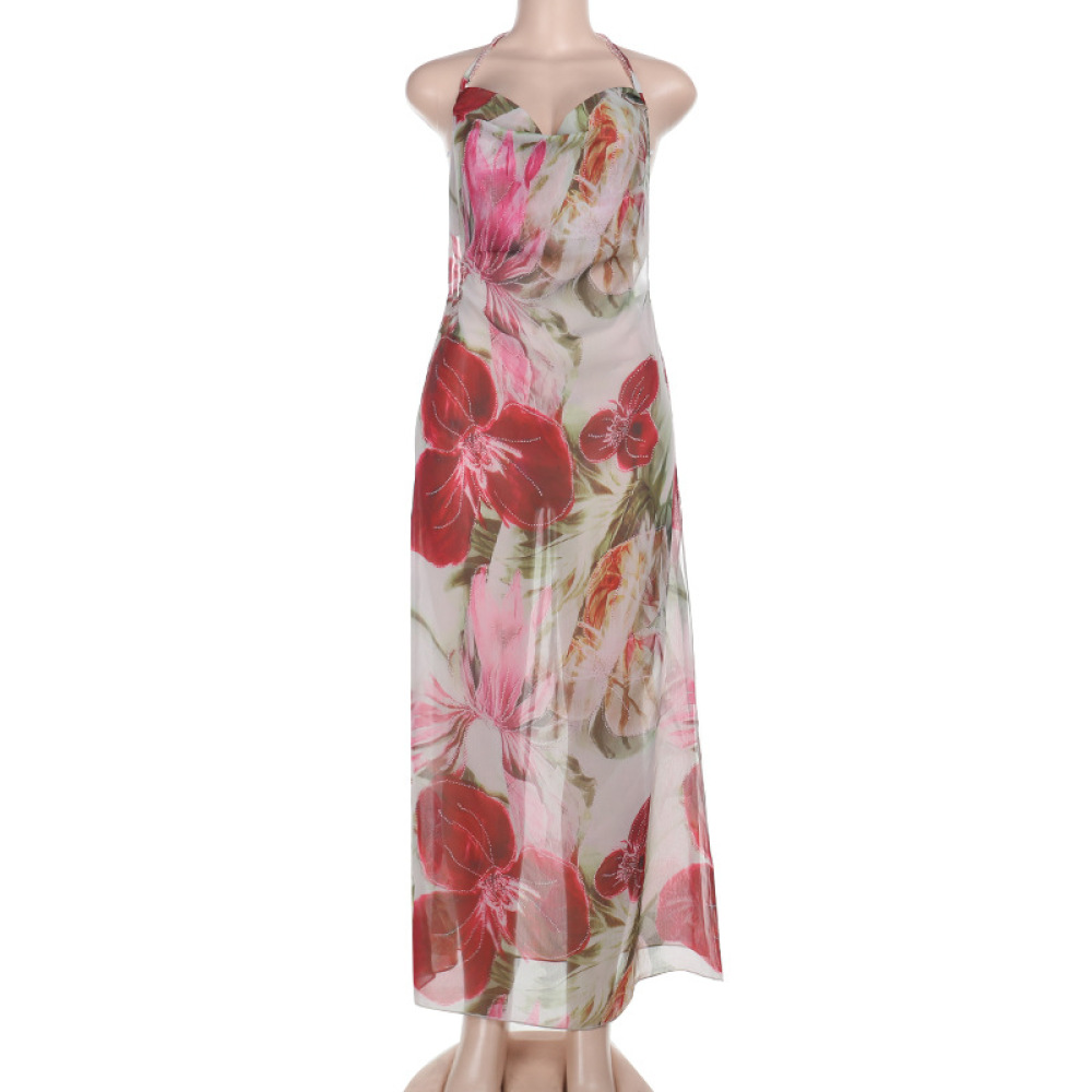 Sexy See-Through Vacation  Sheer Slit Floral Maxi Dress 