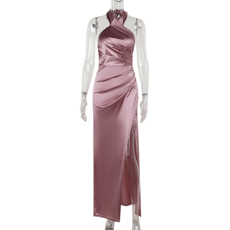 Sleeveless Elegant Evening Gown Halter Neck Slit Long Dress for Women 