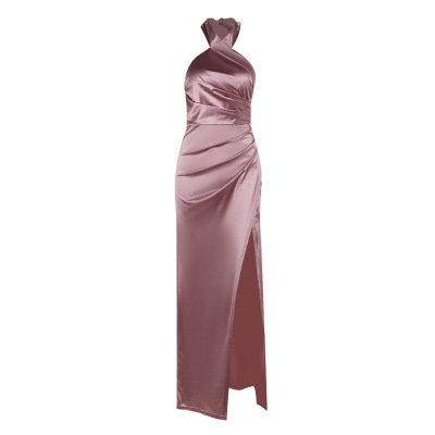 Sleeveless Elegant Evening Gown Halter Neck Slit Long Dress for Women  01