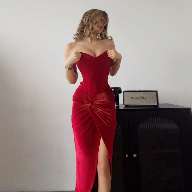 Strapless Velvet Mermaid Evening Gown with Boning