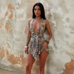 Asymmetrical Hem Printed Gown Deep V Halter Backless Maxi Dress 