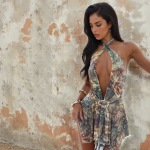 Asymmetrical Hem Printed Gown Deep V Halter Backless Maxi Dress 