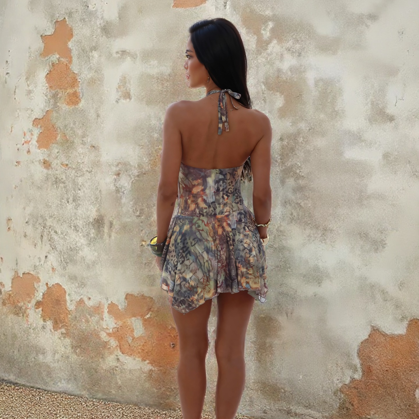 Asymmetrical Hem Printed Gown Deep V Halter Backless Maxi Dress 