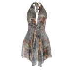 Asymmetrical Hem Printed Gown Deep V Halter Backless Maxi Dress 