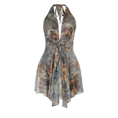 Asymmetrical Hem Printed Gown Deep V Halter Backless Maxi Dress  01