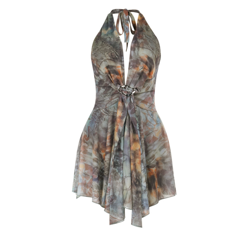 Asymmetrical Hem Printed Gown Deep V Halter Backless Maxi Dress 