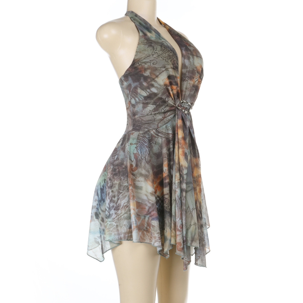 Asymmetrical Hem Printed Gown Deep V Halter Backless Maxi Dress 