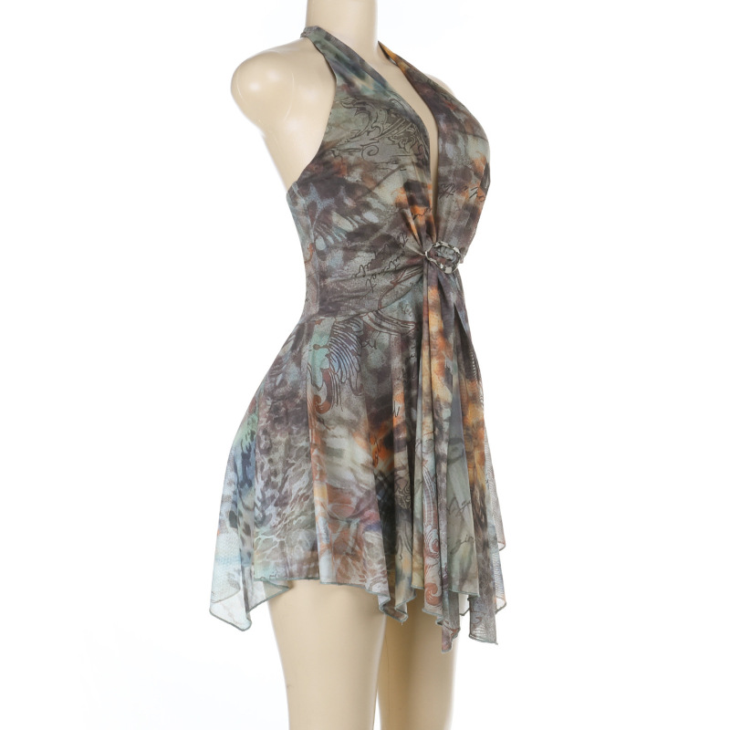 Asymmetrical Hem Printed Gown Deep V Halter Backless Maxi Dress 