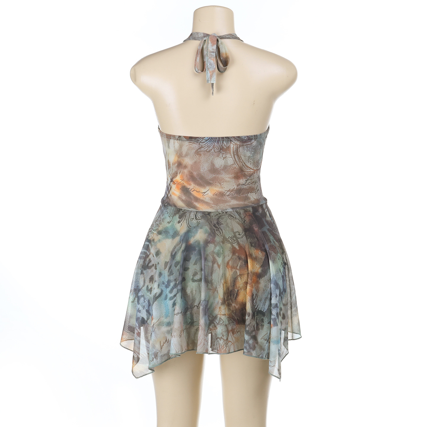 Asymmetrical Hem Printed Gown Deep V Halter Backless Maxi Dress 