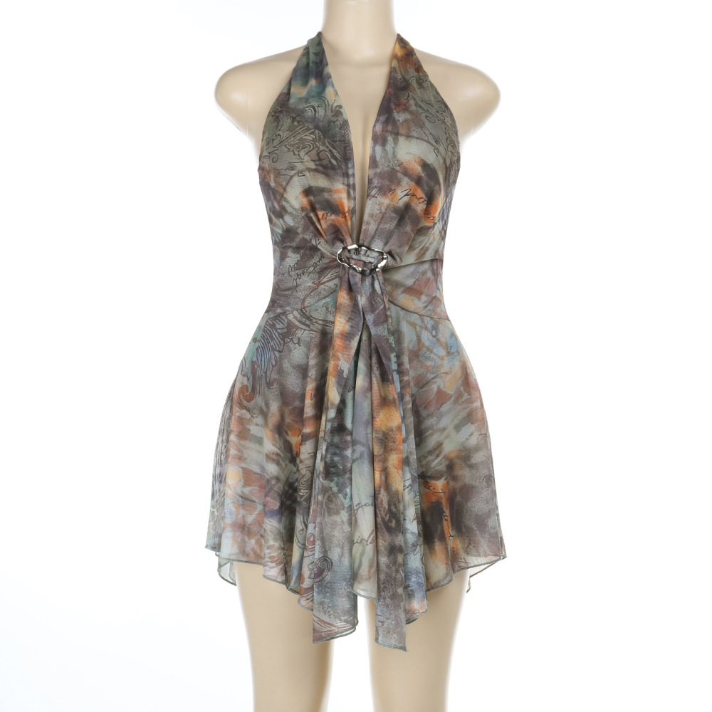 Asymmetrical Hem Printed Gown Deep V Halter Backless Maxi Dress 