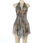 Asymmetrical Hem Printed Gown Deep V Halter Backless Maxi Dress 