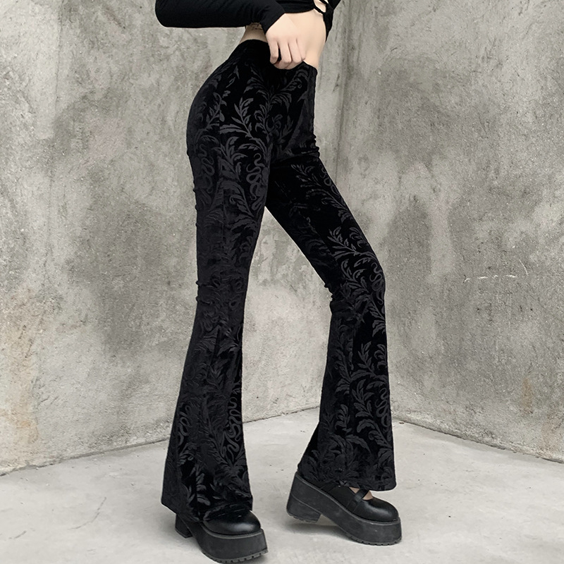 Dark Brown Embossed Velvet Flare Pants
