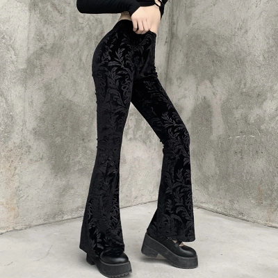 Dark Brown Embossed Velvet Flare Pants 02
