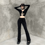 Dark Brown Embossed Velvet Flare Pants