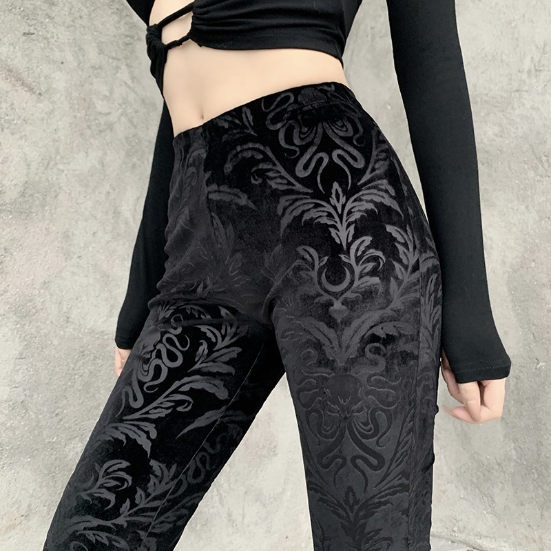 Dark Brown Embossed Velvet Flare Pants