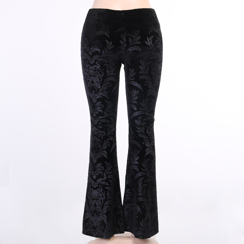 Dark Brown Embossed Velvet Flare Pants