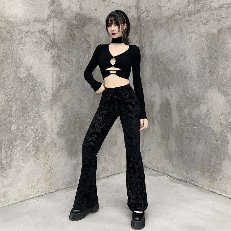 Dark Brown Embossed Velvet Flare Pants