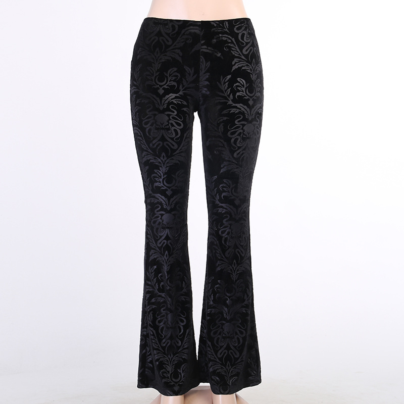 Dark Brown Embossed Velvet Flare Pants