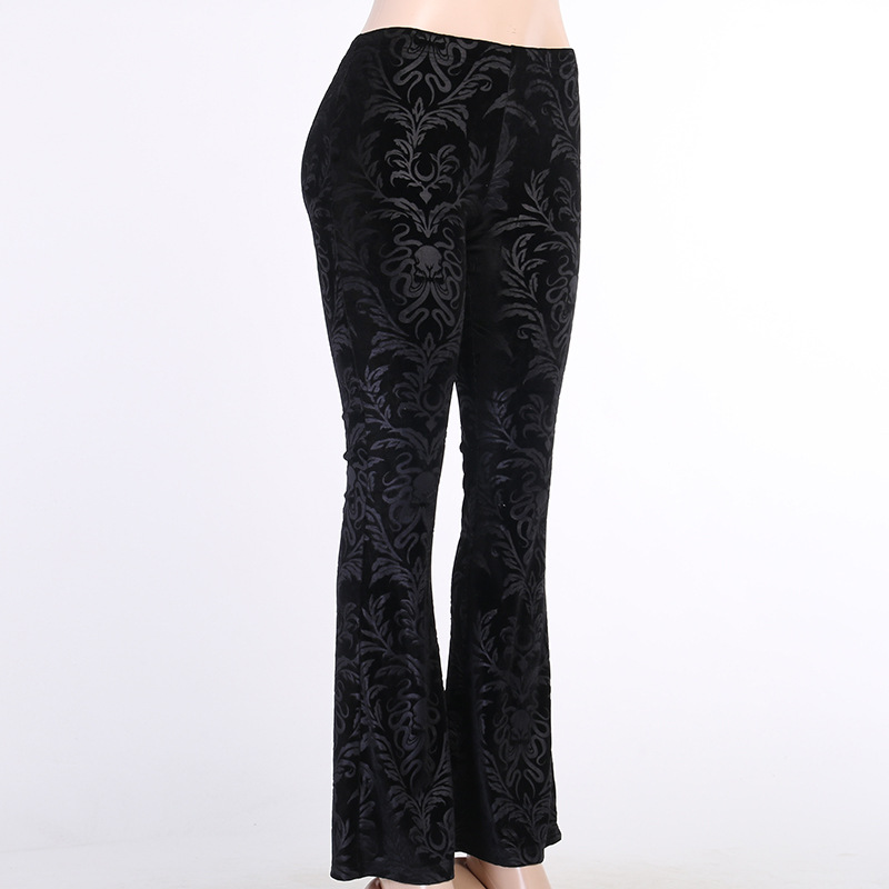 Dark Brown Embossed Velvet Flare Pants