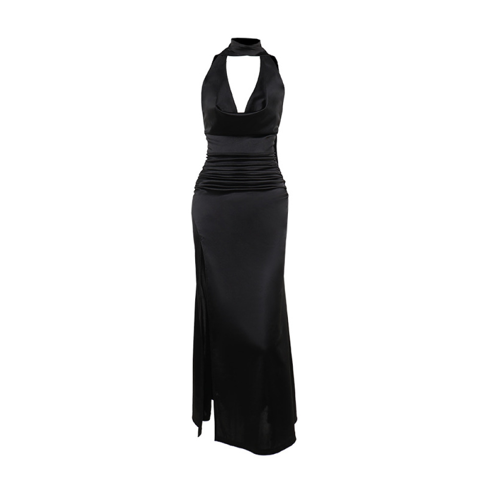 Deep V Halter Backless Satin Dress