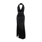 Deep V Halter Backless Satin Dress