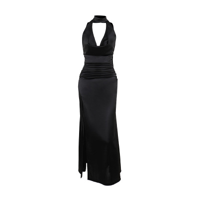 Deep V Halter Backless Satin Dress 01