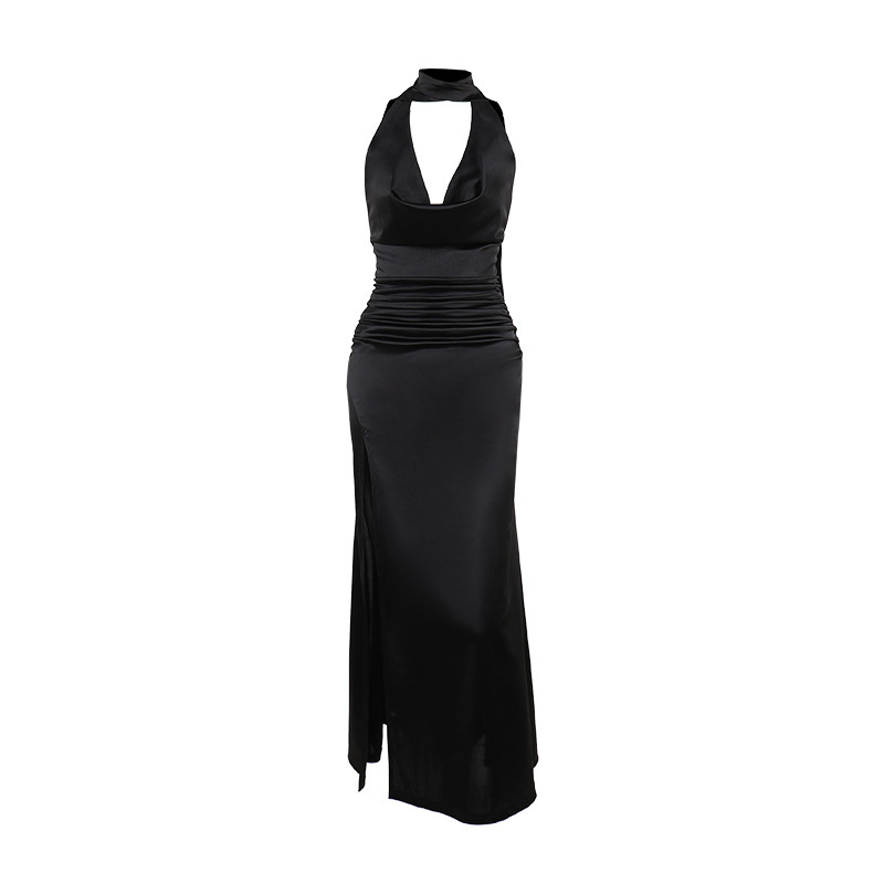Deep V Halter Backless Satin Dress