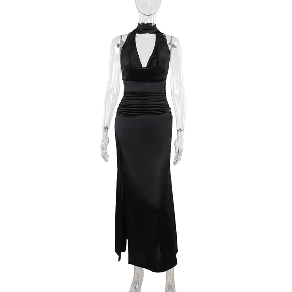 Deep V Halter Backless Satin Dress