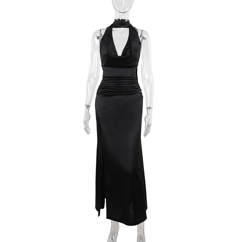 Deep V Halter Backless Satin Dress