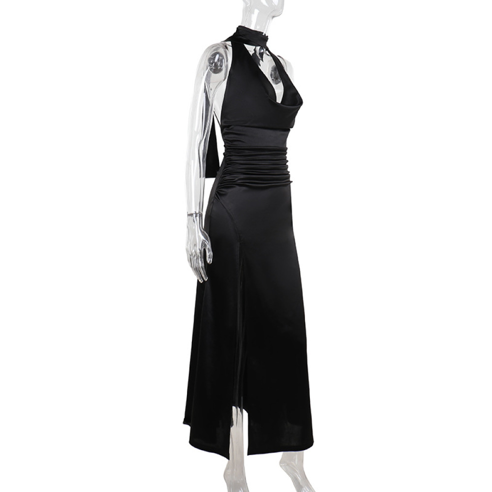 Deep V Halter Backless Satin Dress