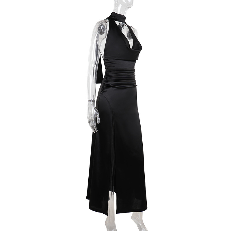 Deep V Halter Backless Satin Dress