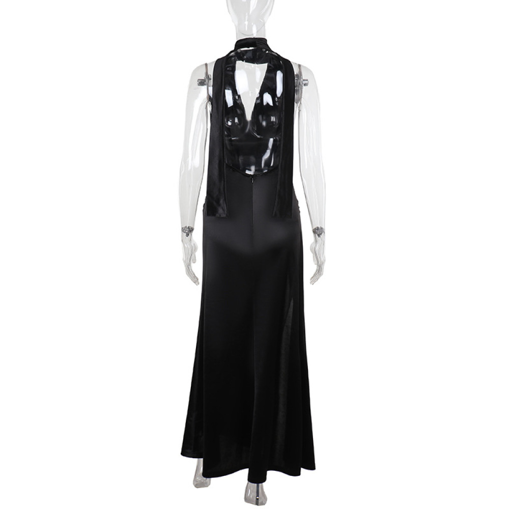 Deep V Halter Backless Satin Dress