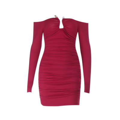 Metal Button Bodycon Fitted Long Sleeve Pencil Skirt Dress 01