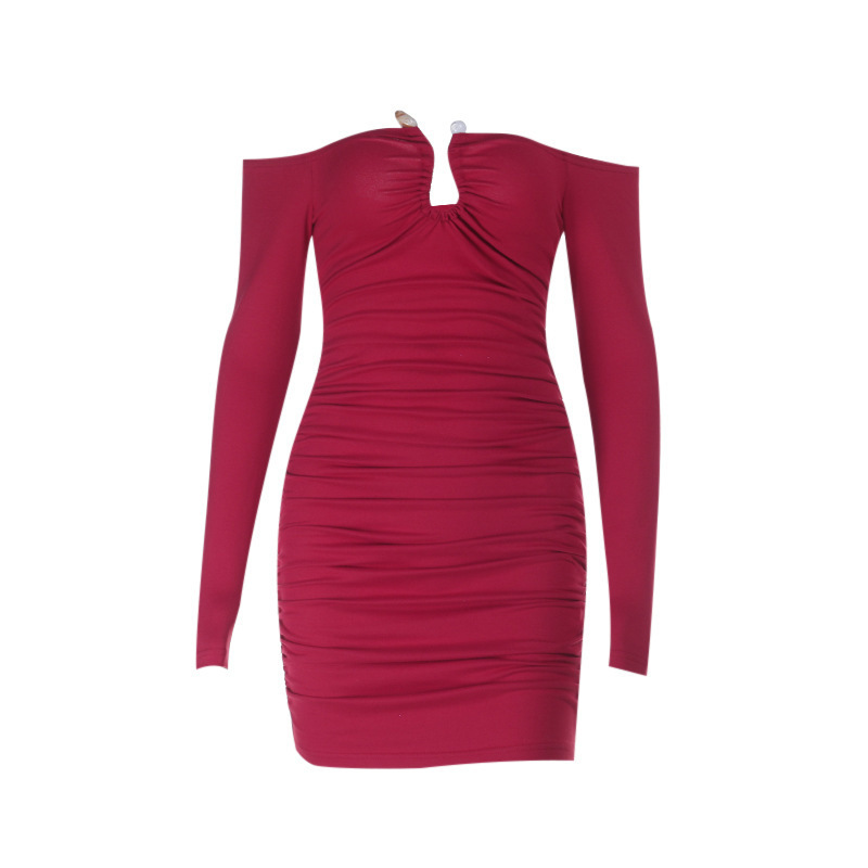 Metal Button Bodycon Fitted Long Sleeve Pencil Skirt Dress